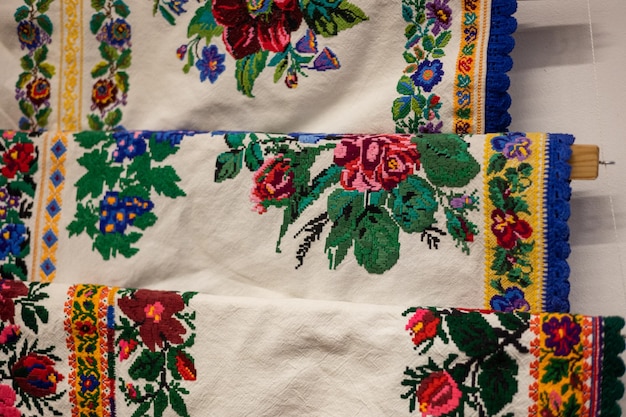 Vintage embroidered textiles on table
